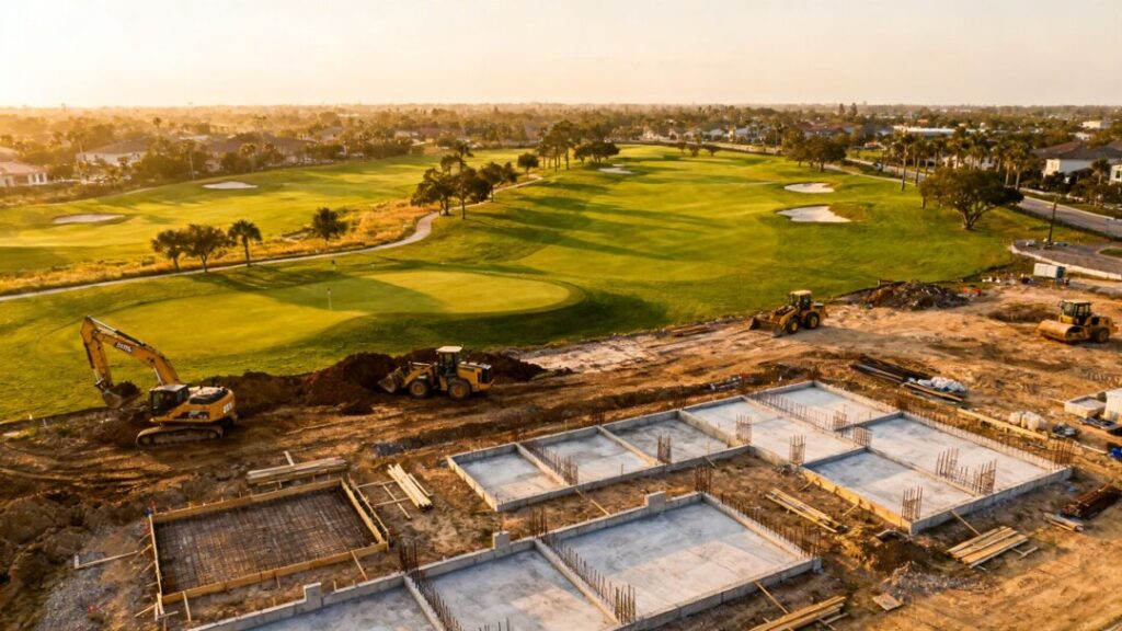 Former golf course undergoing redevelopment with construction.
