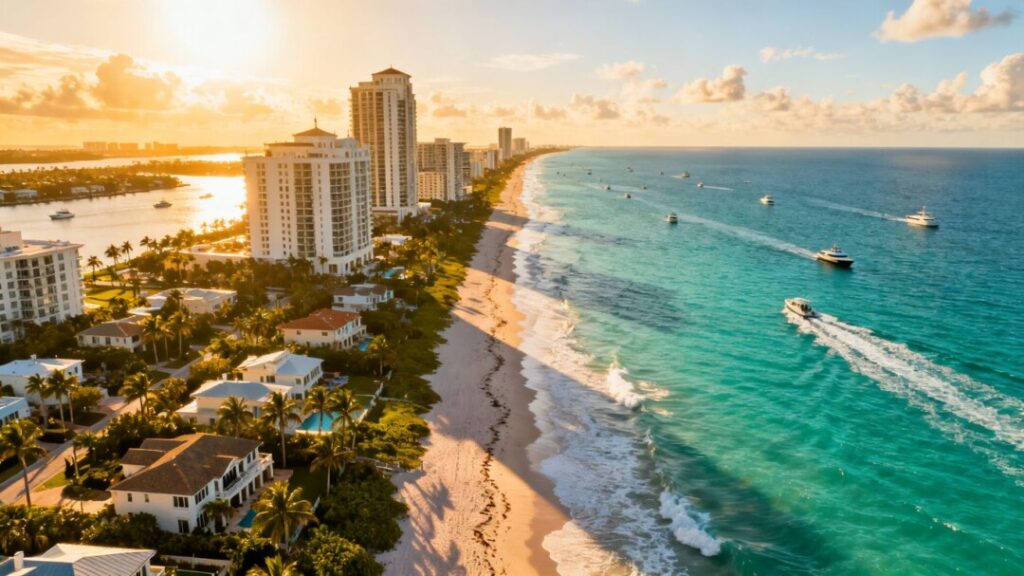 Florida coastline with luxury buildings and waterfront properties.