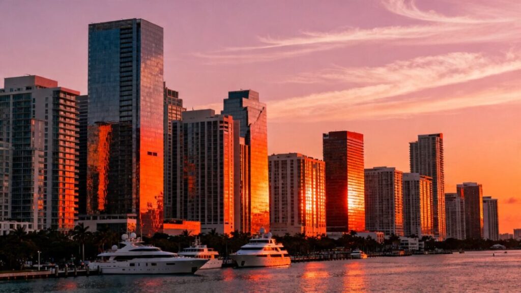 Miami skyline with luxury yachts and vibrant sunset.