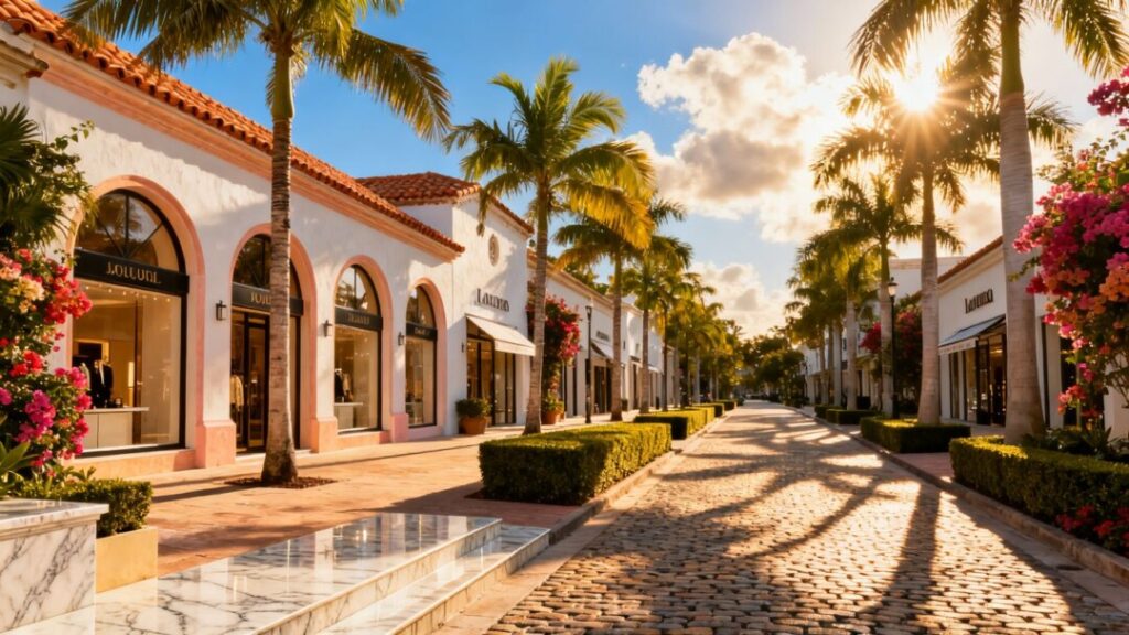Luxury retail street in Palm Beach with palm trees.
