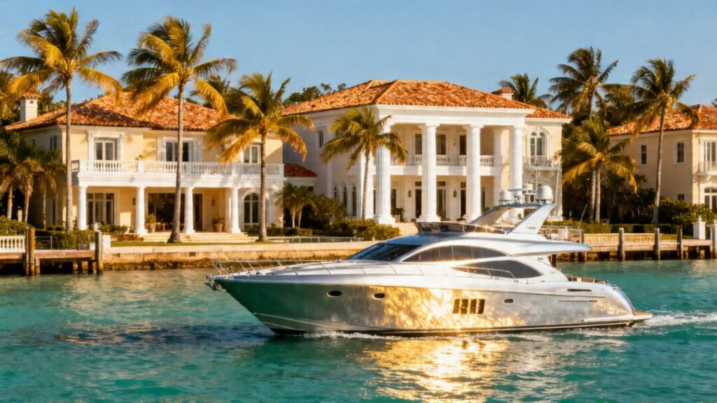 Florida luxury homes and coastline with yachts.
