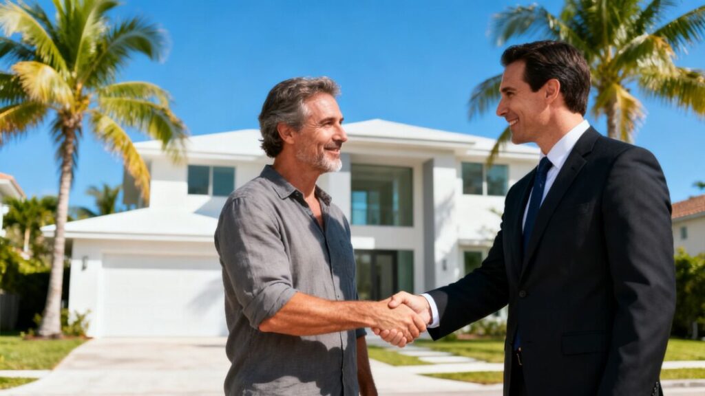 Real estate agent and homeowner shaking hands in Miami.