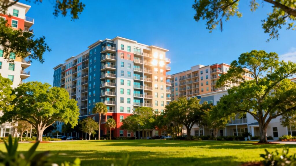 Jacksonville cityscape with modern apartments and green trees.