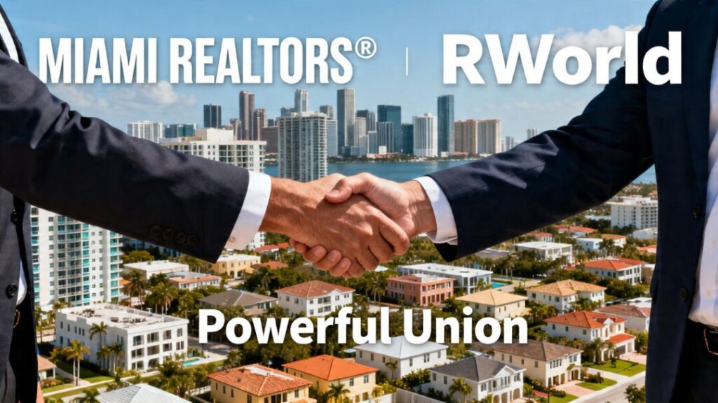 MIAMI REALTORS and RWorld leaders shake hands, symbolizing merger.
