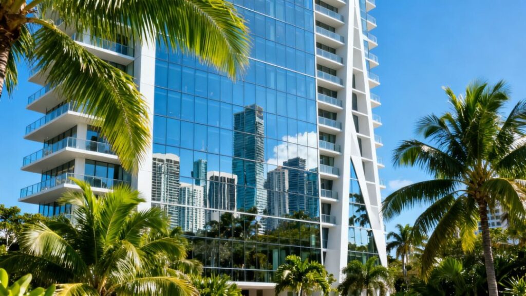 Miami-area condo tower with palm trees.