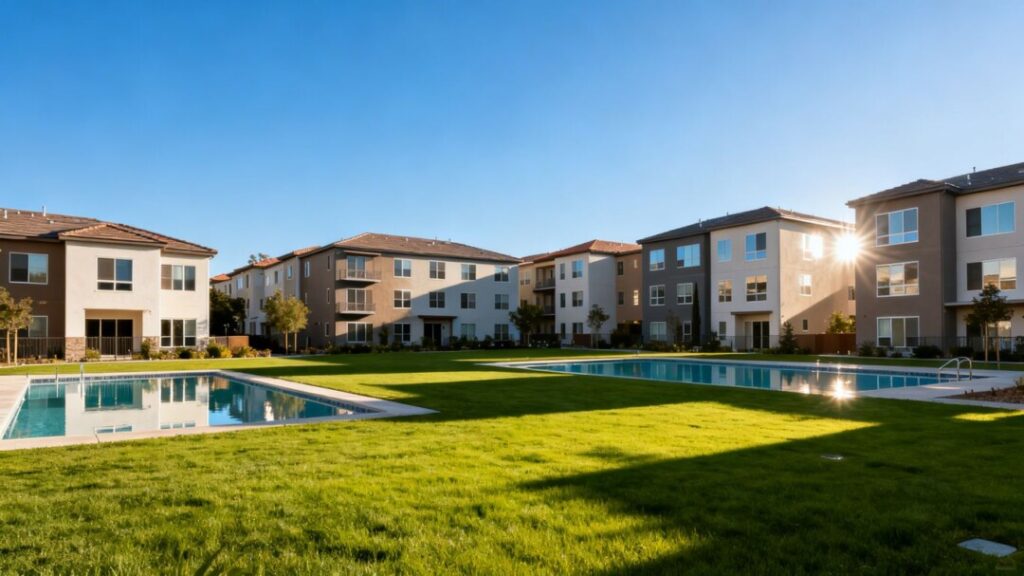Phoenix-area apartment complex with pools and lawns.