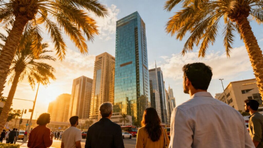 South Florida skyline with diverse investors looking at buildings.