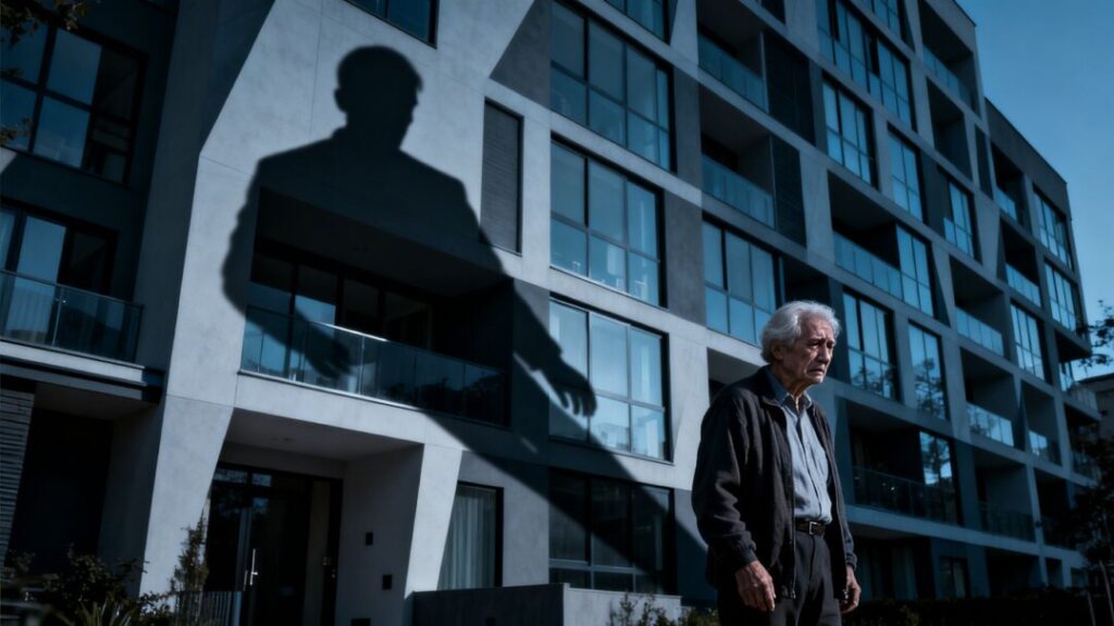 Senior citizen distressed outside condo, investor looms in background.