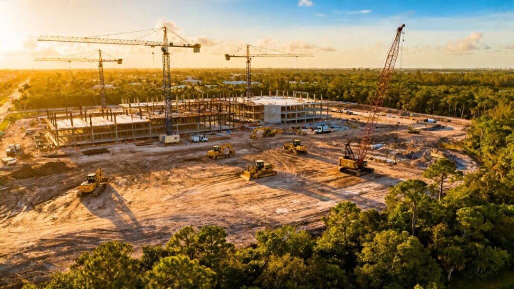 Palm Beach County construction site with cranes and new homes.