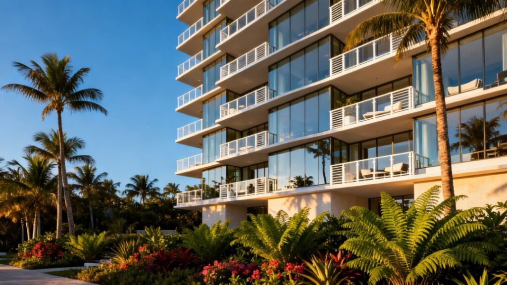 Luxury condo tower in West Palm Beach with palm trees.