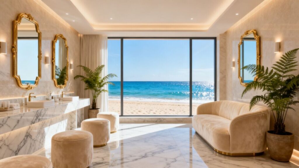 Oceanfront spa with plush seating and ocean views.