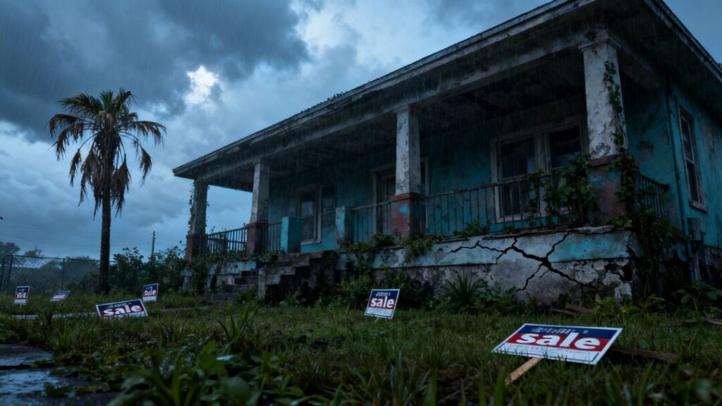 Florida home in disrepair with cracked foundation and overgrown yard.