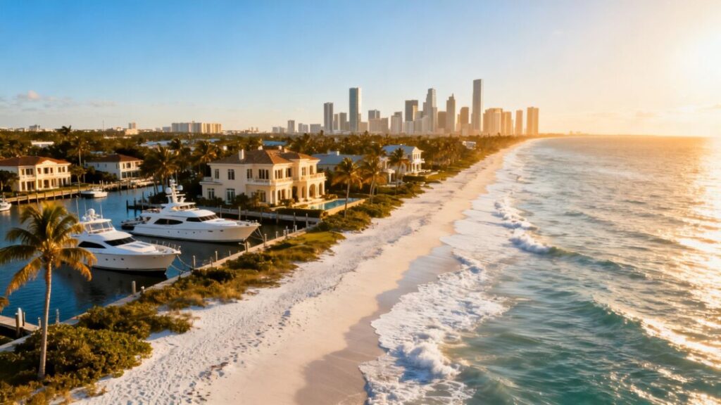Florida coast with mansions, yachts, and skyscrapers.