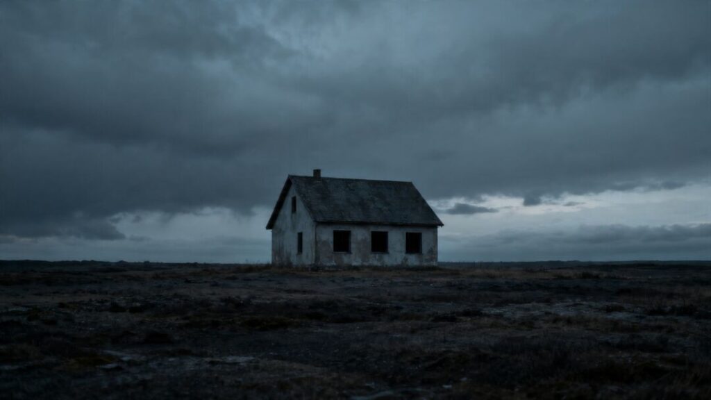 Empty house on a desolate landscape under a cloudy sky.