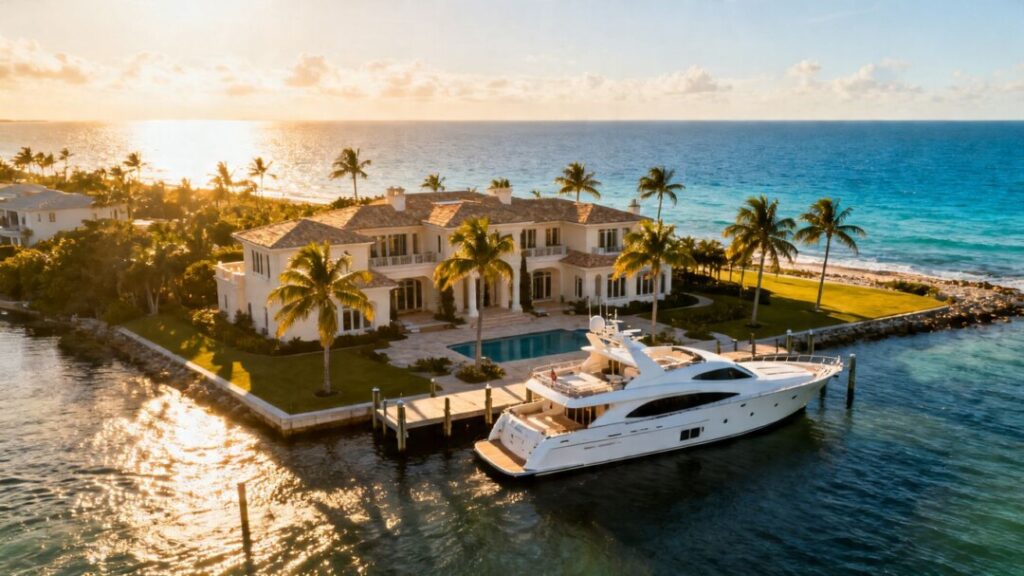 Luxury Florida mansion with yacht and ocean view.