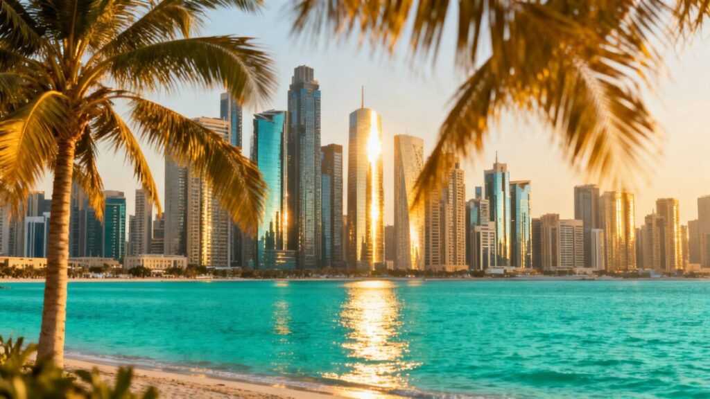 Miami skyline with ocean and palm trees.