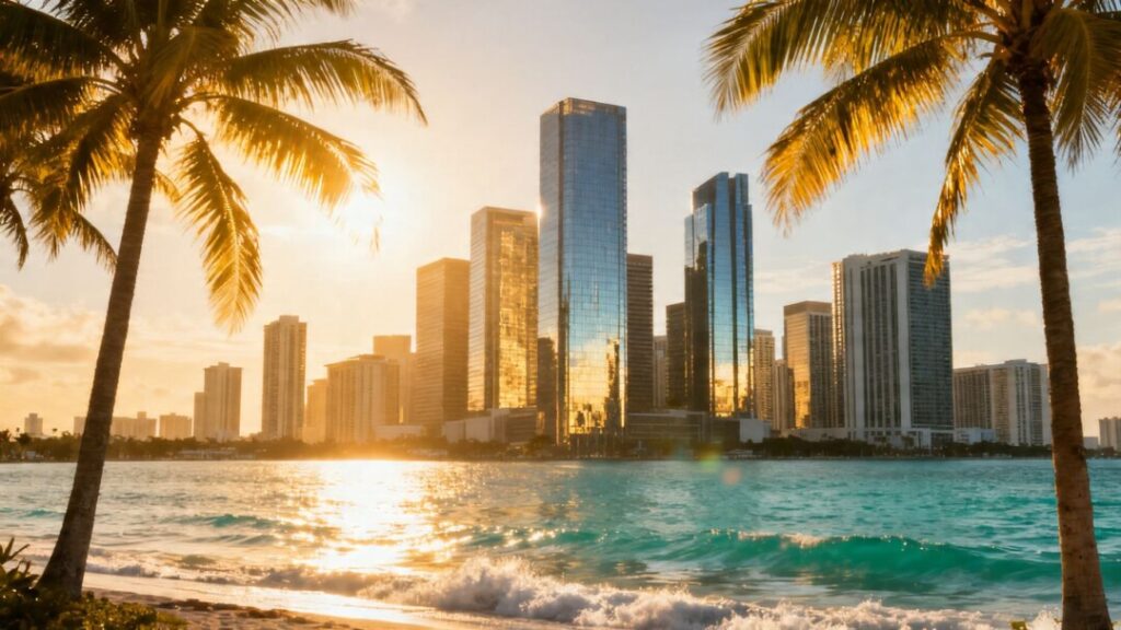 Miami skyline with ocean and palm trees.
