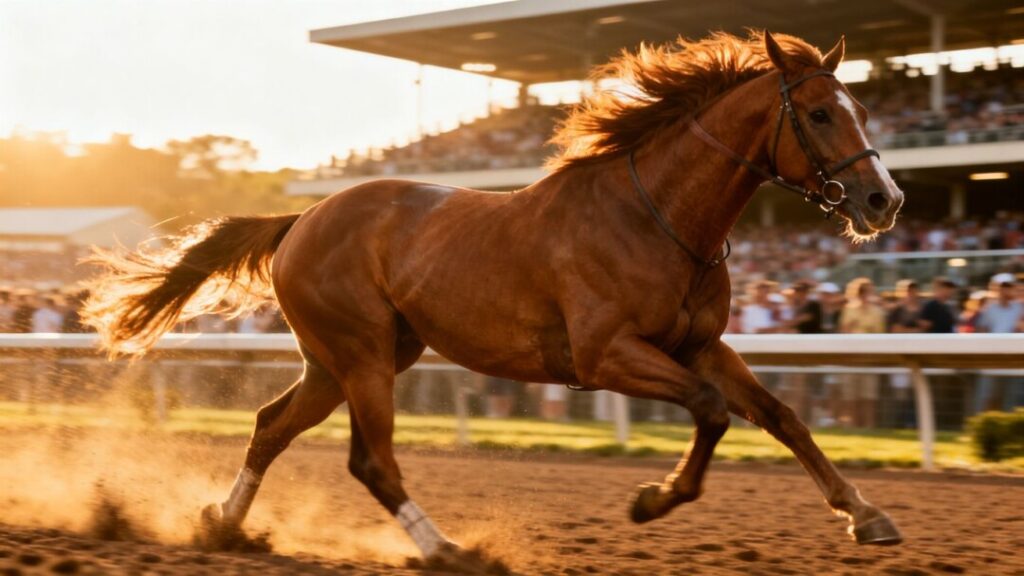 Racehorse Litmus Test galloping on a dirt track.