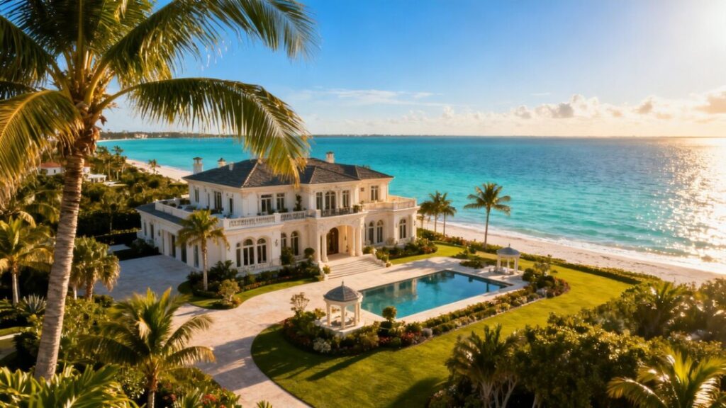 Luxury mansion on Florida coast, palm trees, ocean view.