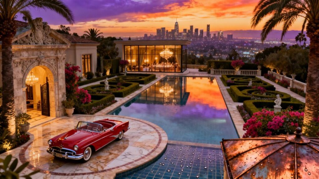 Glamorous Hollywood mansion with pool and palm trees