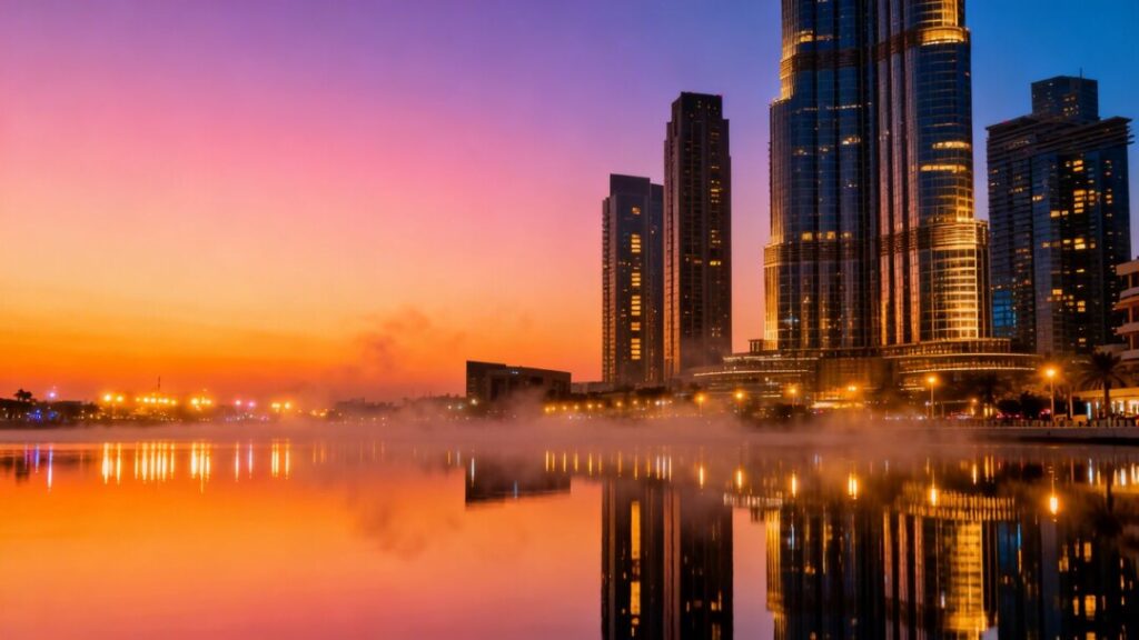 Cityscape at dusk with illuminated skyscrapers and water.