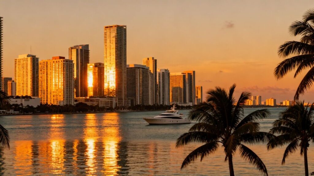 Miami skyline with ocean and palm trees.