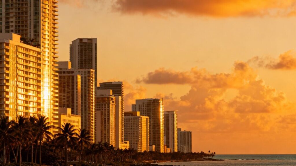 Miami skyline with ocean and palm trees.