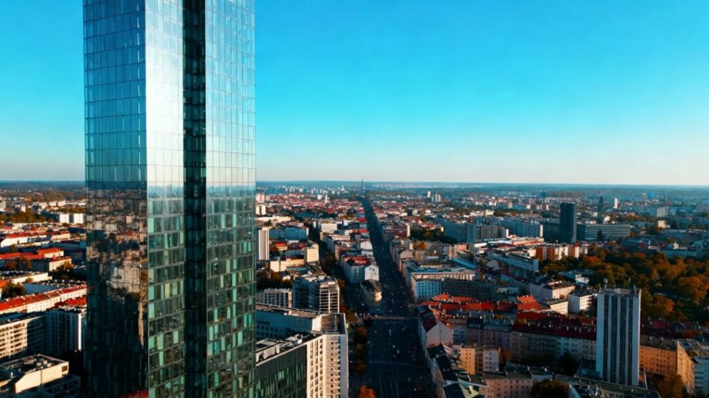 Miami skyline with a prominent skyscraper.