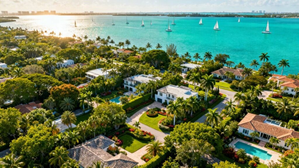 Coconut Grove waterfront homes and lush greenery aerial view.