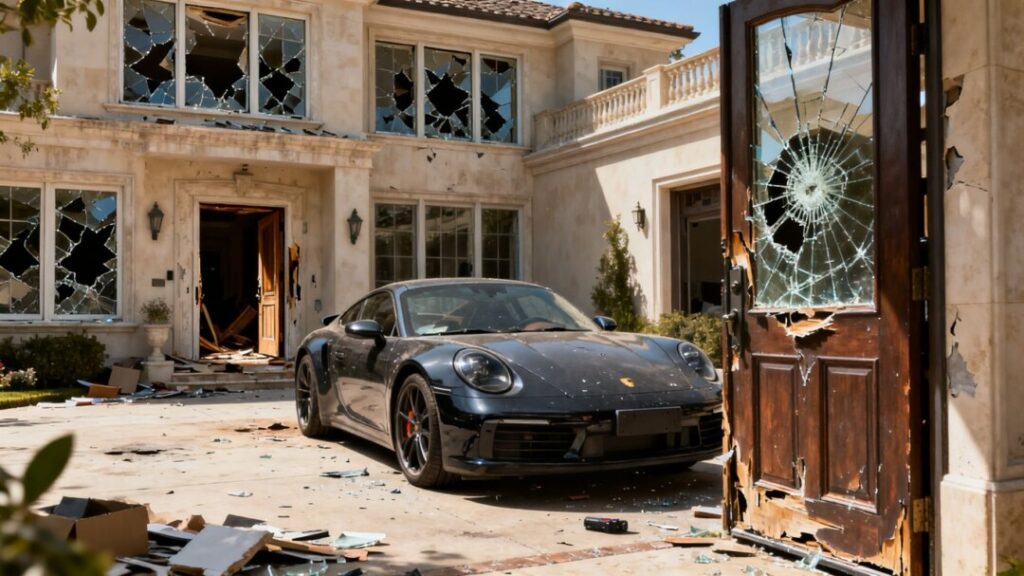Mogul's ransacked home with stolen Porsche.