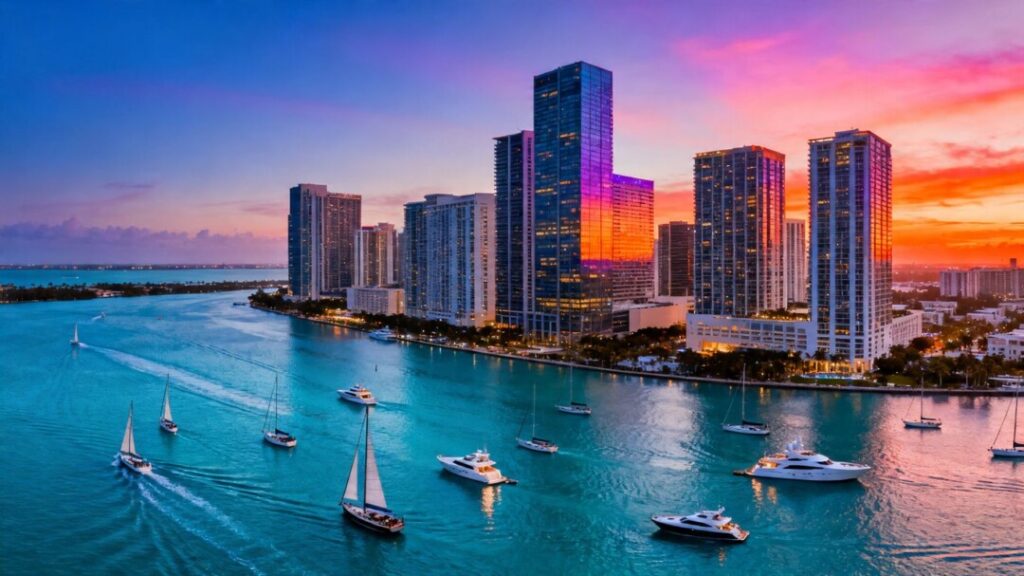 Miami skyline and luxury yachts at sunset.