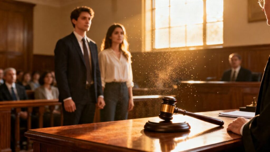 Couple in courtroom admitting guilt in real estate fraud.