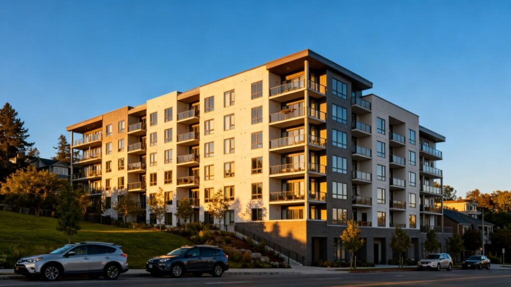 Edgewater apartment building and street scene.
