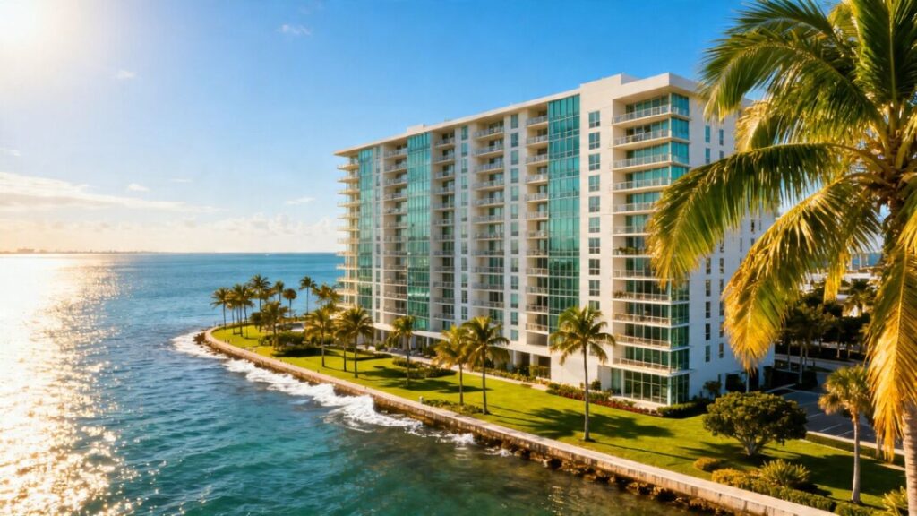 Miami waterfront multifamily apartment complex with palm trees.