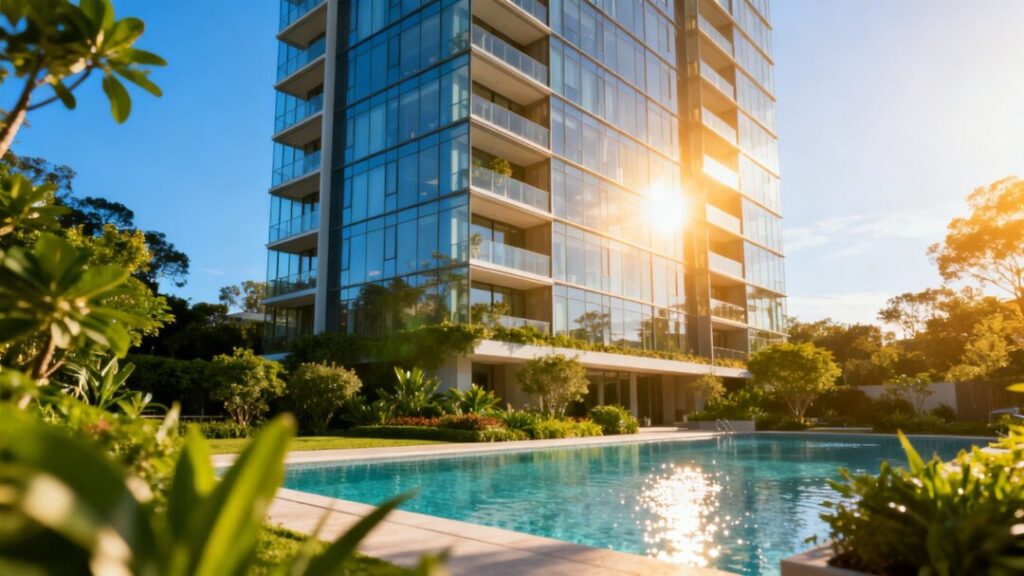 Aventura luxury apartment building with blue sky and landscaping.