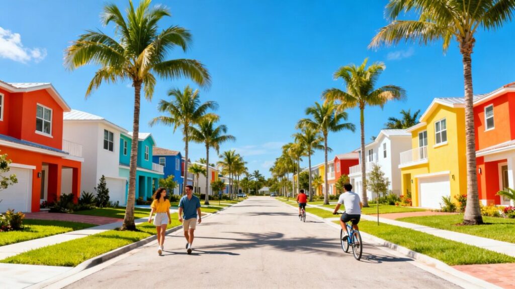 Florida neighborhood with palm trees and colorful houses