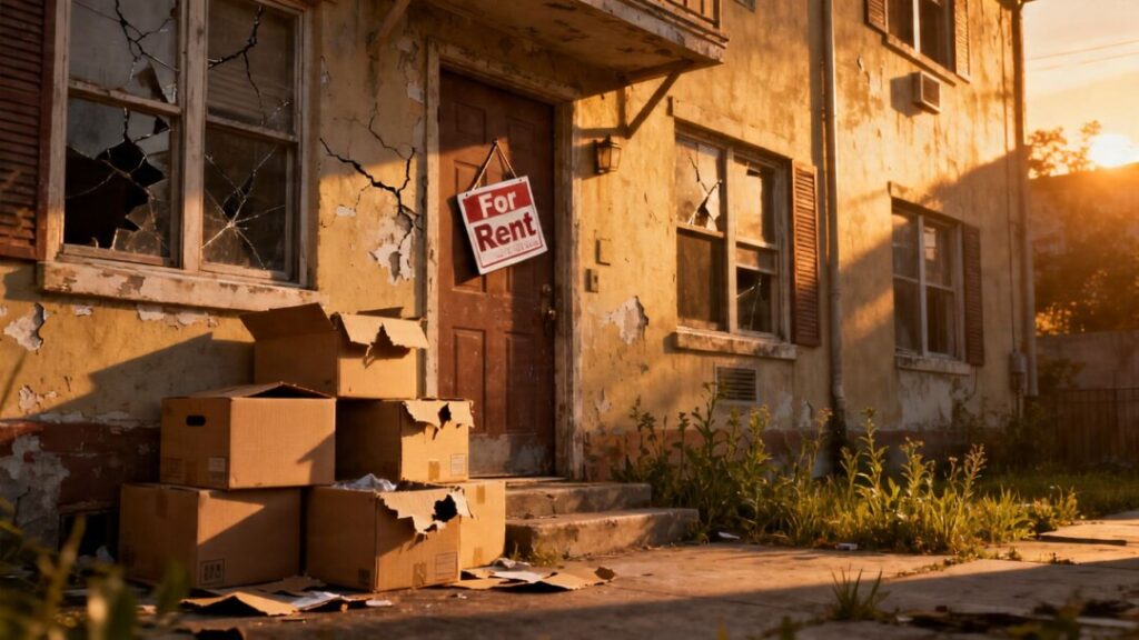 Florida apartment building with 'For Rent' sign and moving boxes.