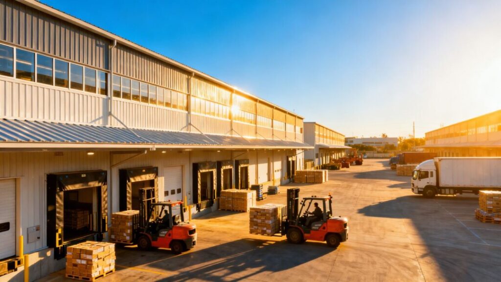 Broward County industrial buildings with trucks and forklifts.