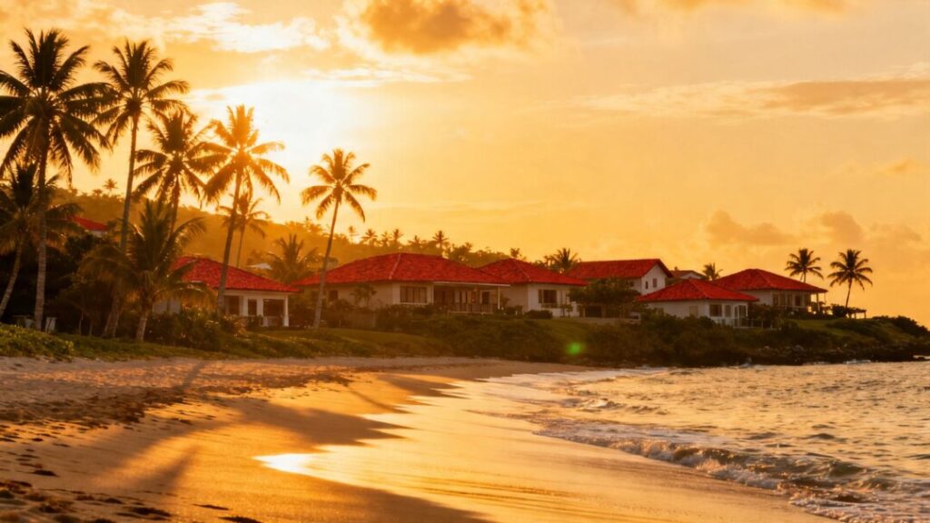 Florida housing market with sunny cityscape and beach.