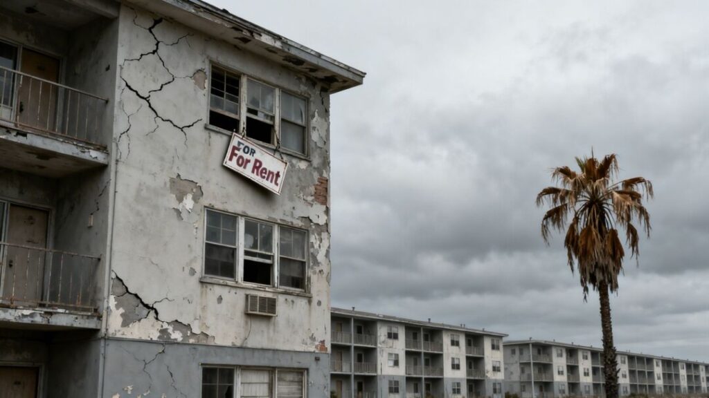 Florida apartment buildings with a 'For Rent' sign.