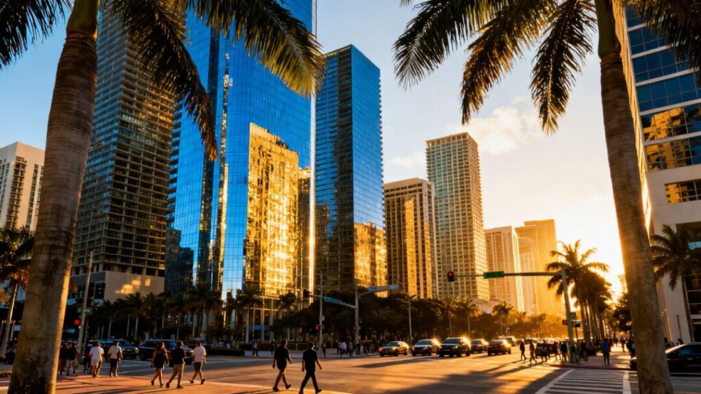 Miami commercial real estate cityscape with skyscrapers and streets.