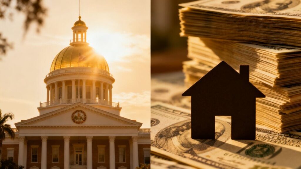 Florida Capitol building and money with house silhouette.