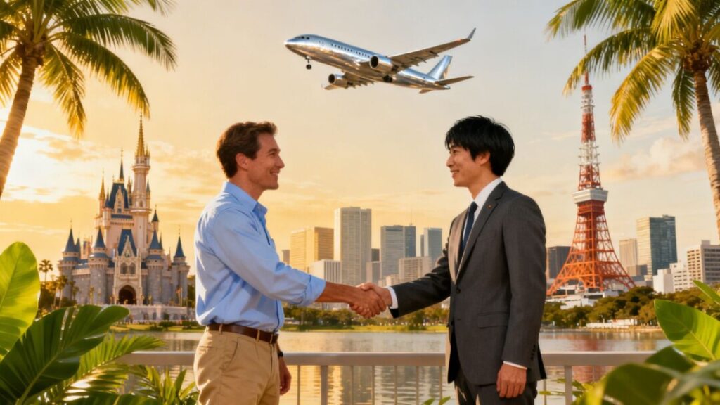 Florida and Japan Realtors shaking hands, Orlando-Tokyo flight.