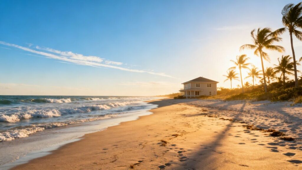 Florida coastline with a house and ocean waves.