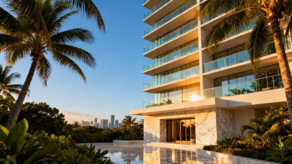 Luxury condominium tower with balconies and palm trees.
