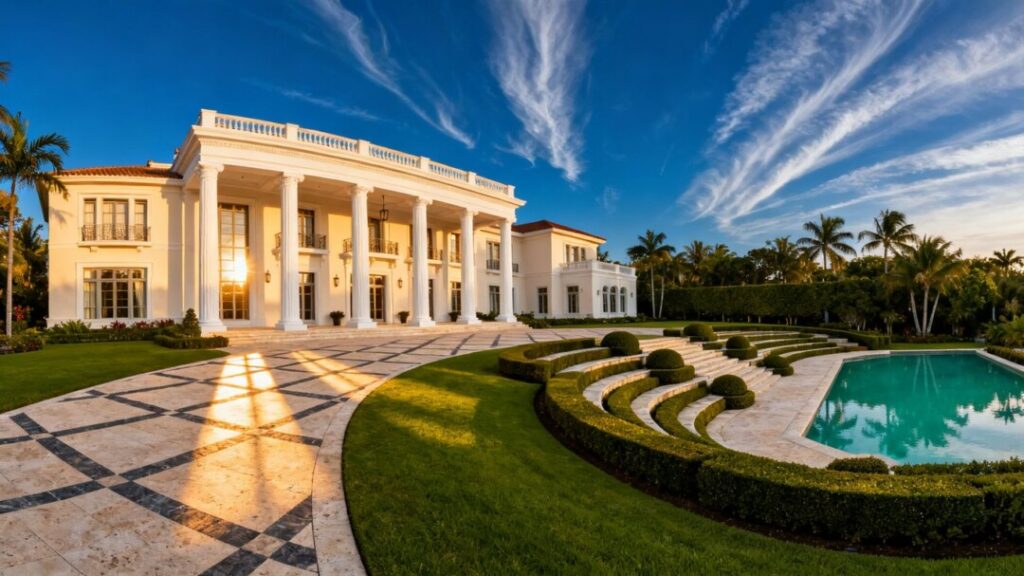 Palm Beach mansion with green lawn and blue sky.