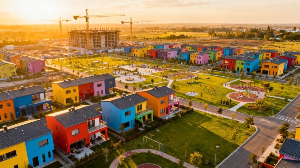 Affordable housing community with colorful homes and green spaces.