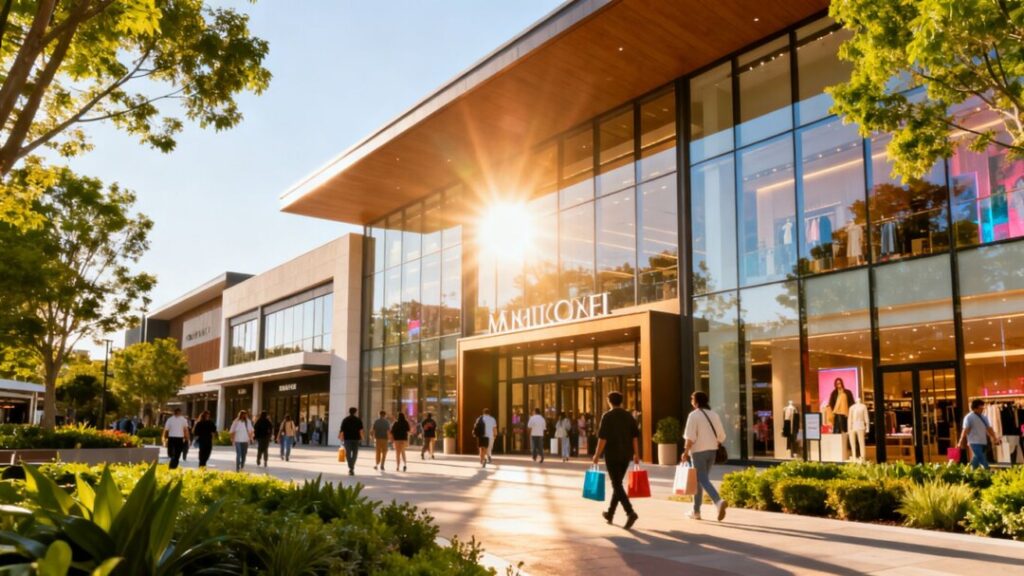 Galleria Mall exterior with shoppers and landscaping.