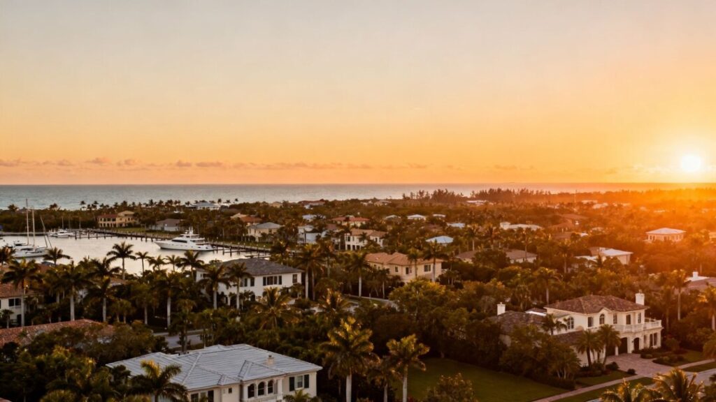Florida town near Mar-a-Lago with ocean and yachts.