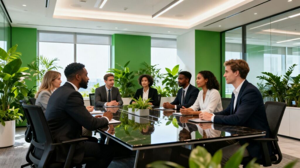 Professionals in a modern office discussing wealth management.
